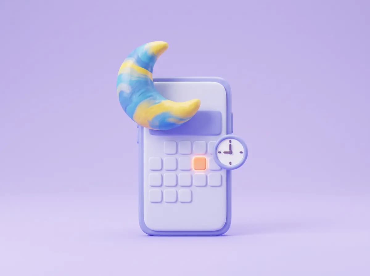 3D illustration of a calendar with a crescent moon and a clock