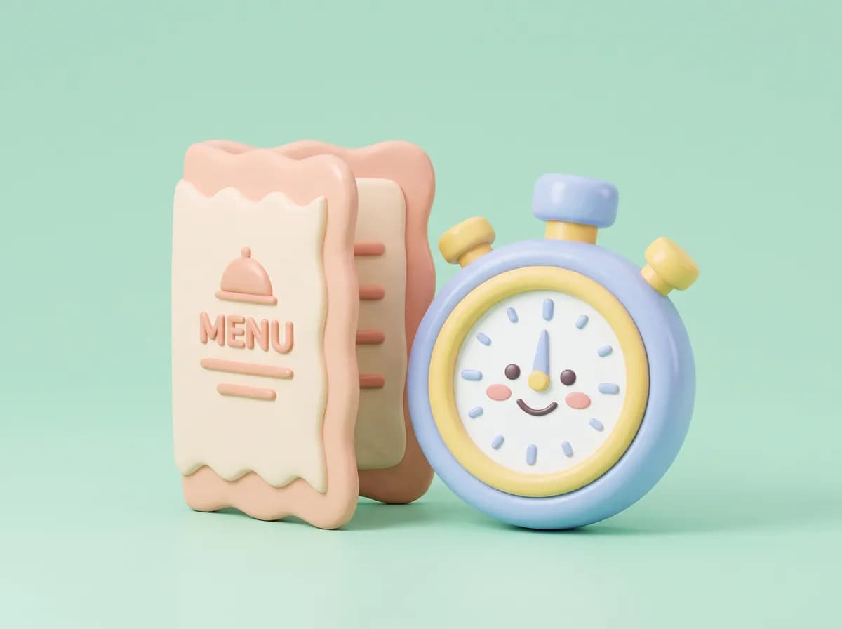 3D illustration of a menu card beside a smiling stopwatch