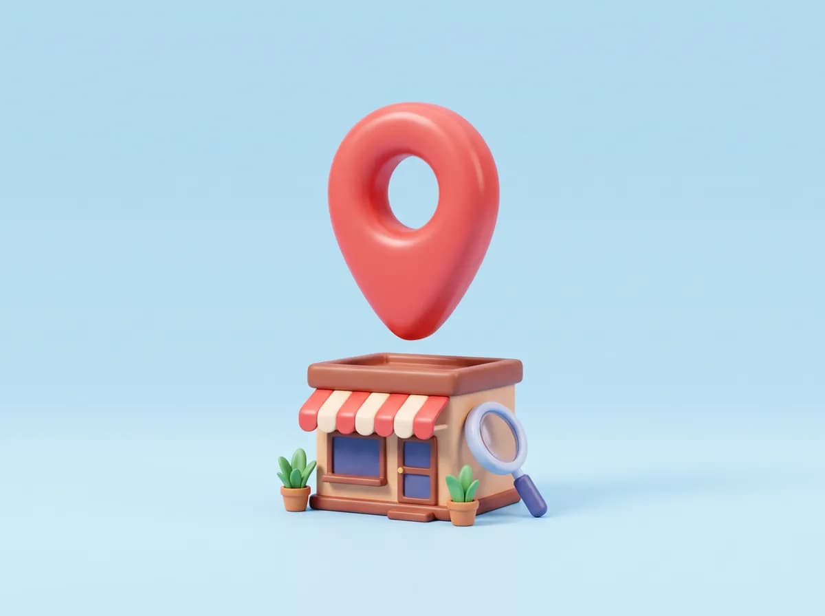 3D illustration of a small shop with a red map pin and a magnifying glass