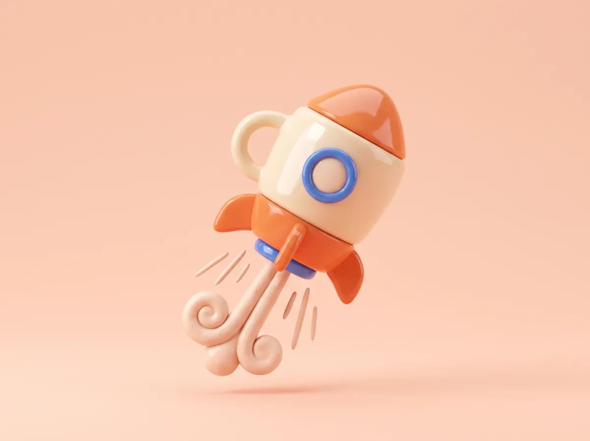 3D illustration of a rocket with a coffee-cup handle taking off