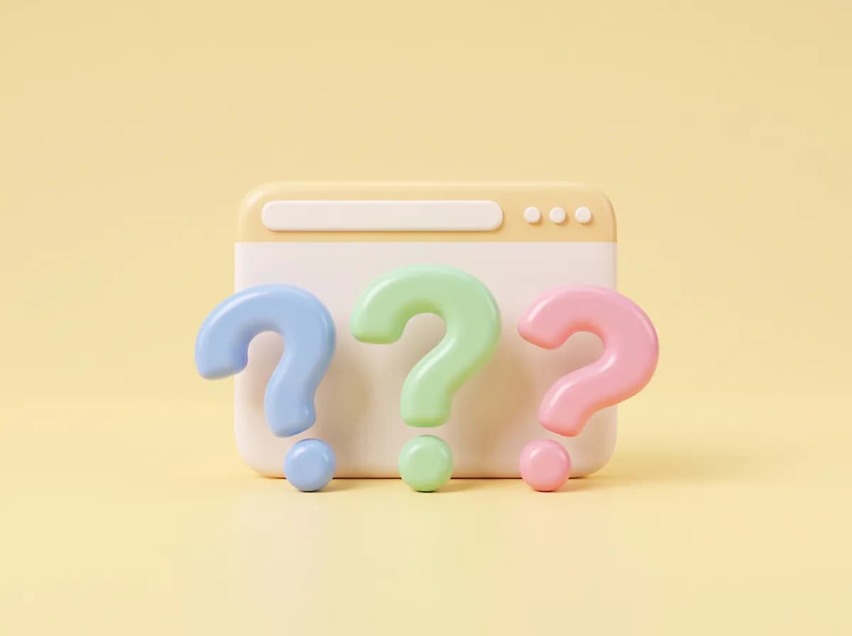 3D illustration of a browser window with three question marks