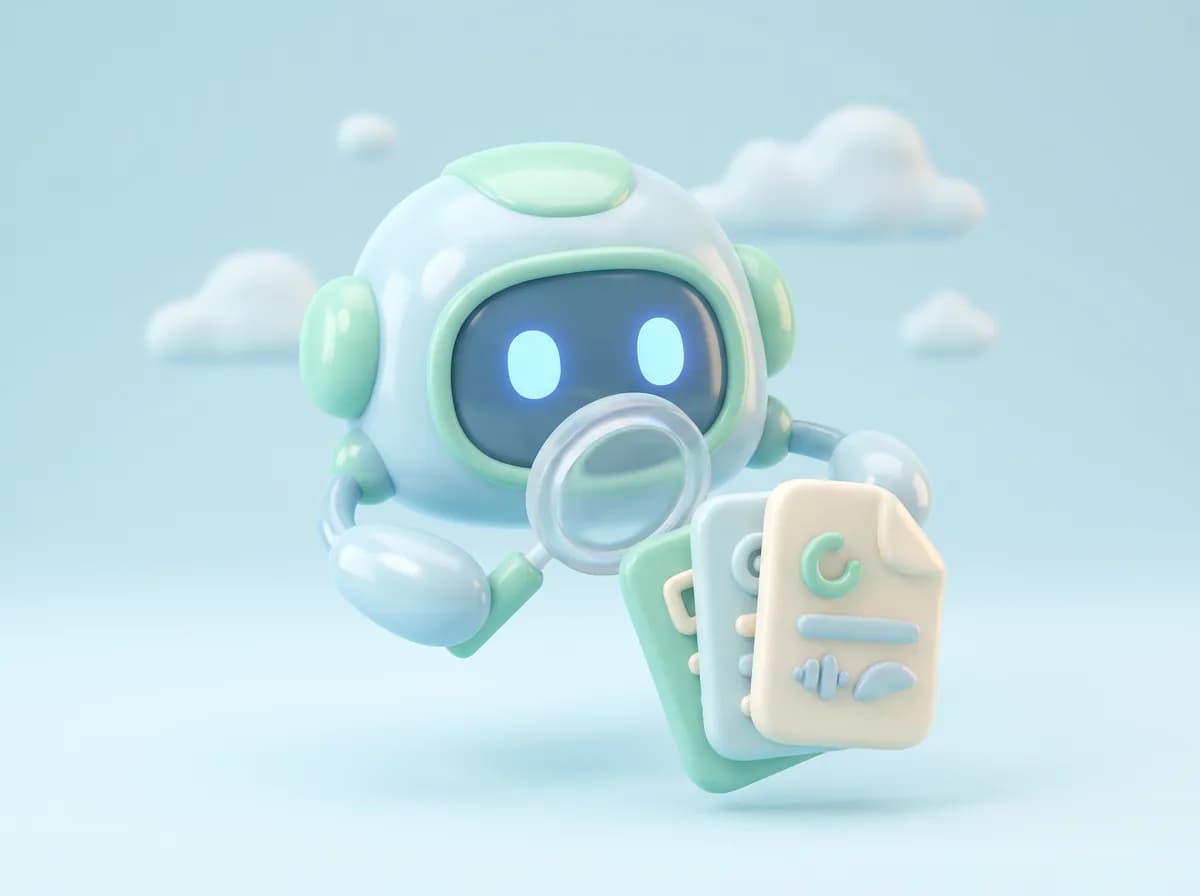 3D illustration of a friendly robot with a magnifying glass, reading a document