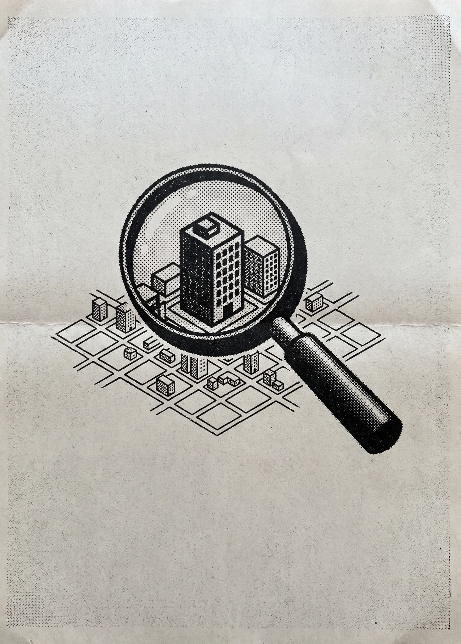 Illustration of a magnifying glass over a city map