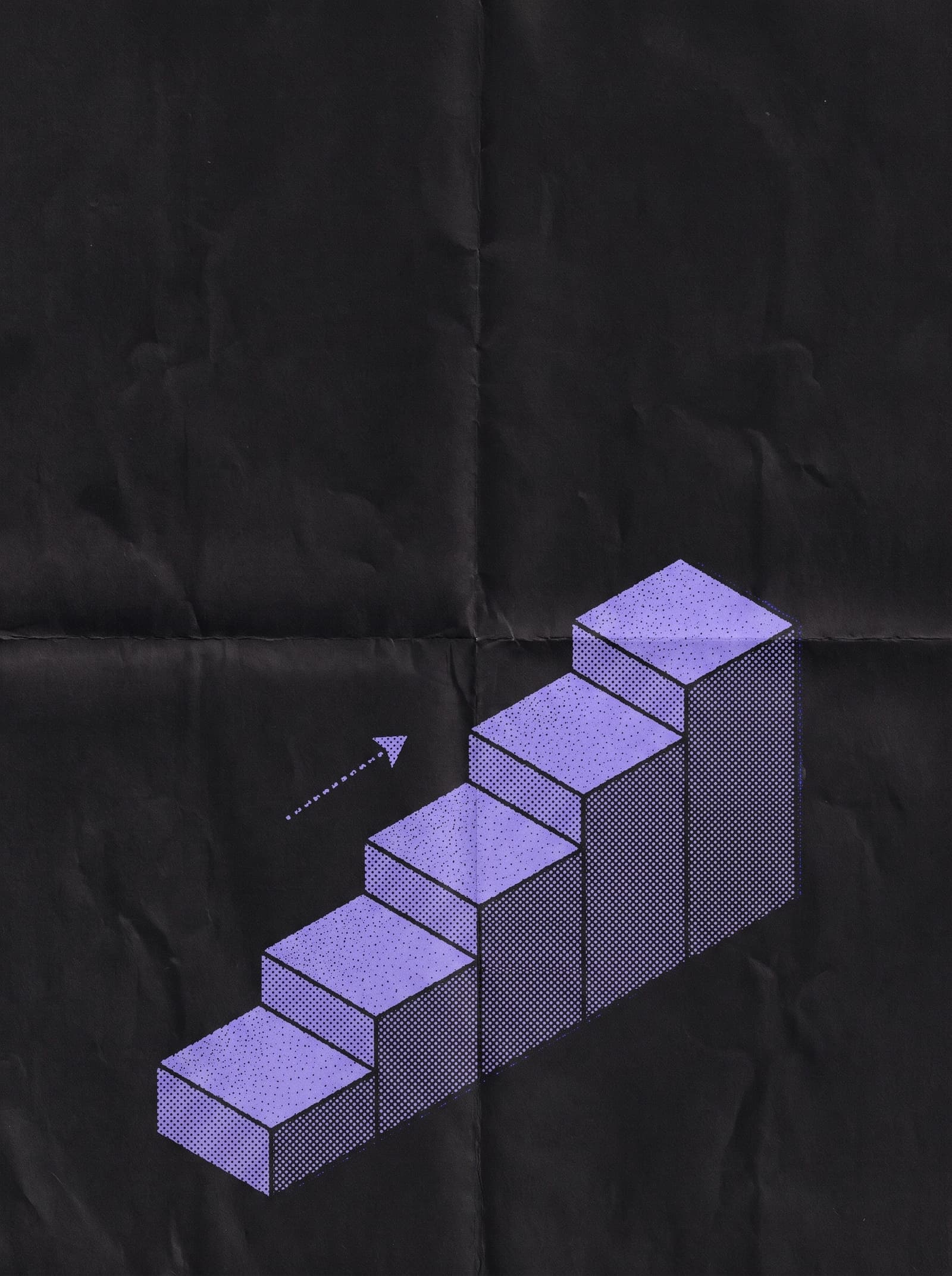 Purple isometric steps rising on a dark poster