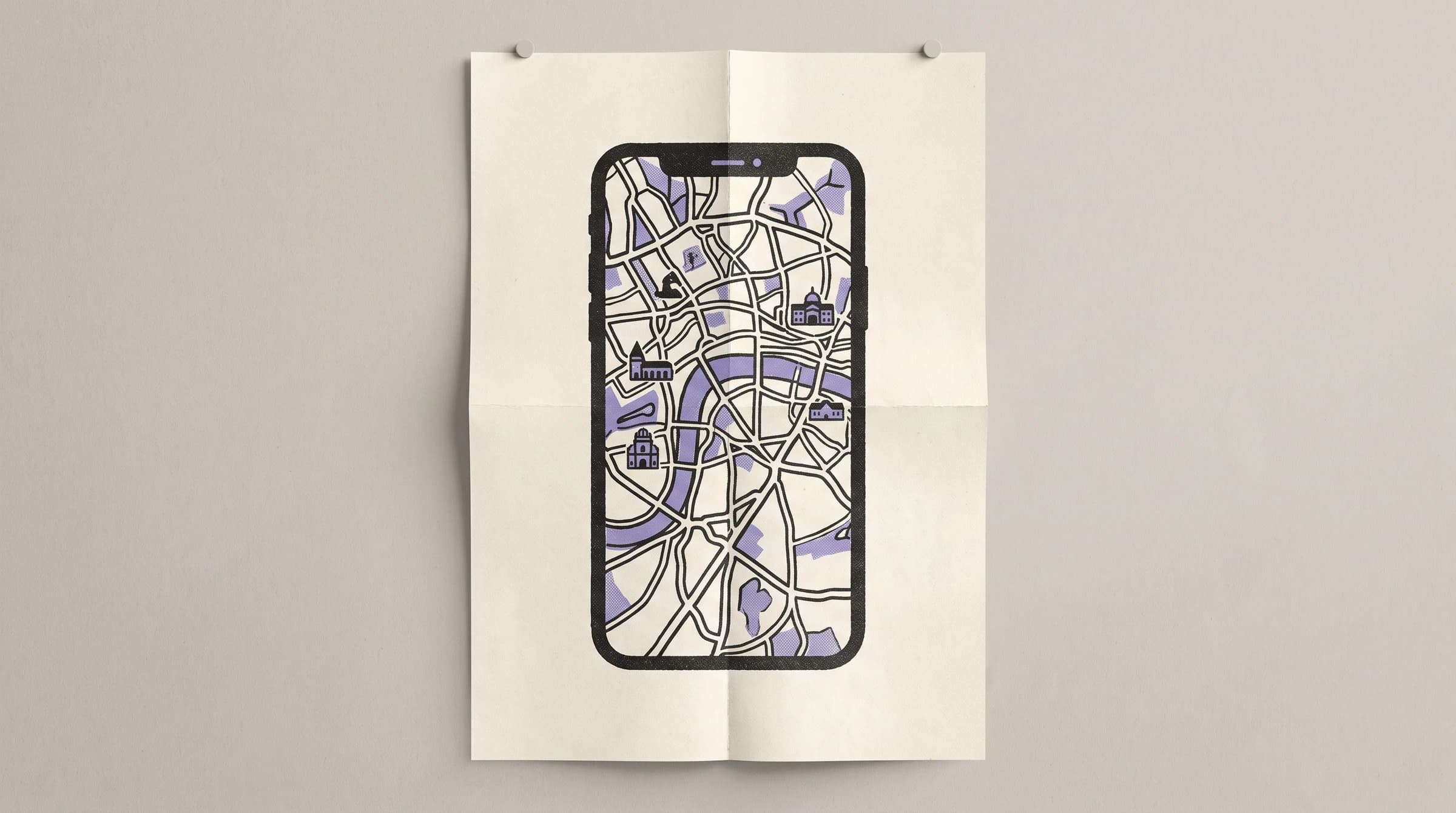 Impressão halftone de um telemóvel a mostrar um mapa histórico com acento lavanda.