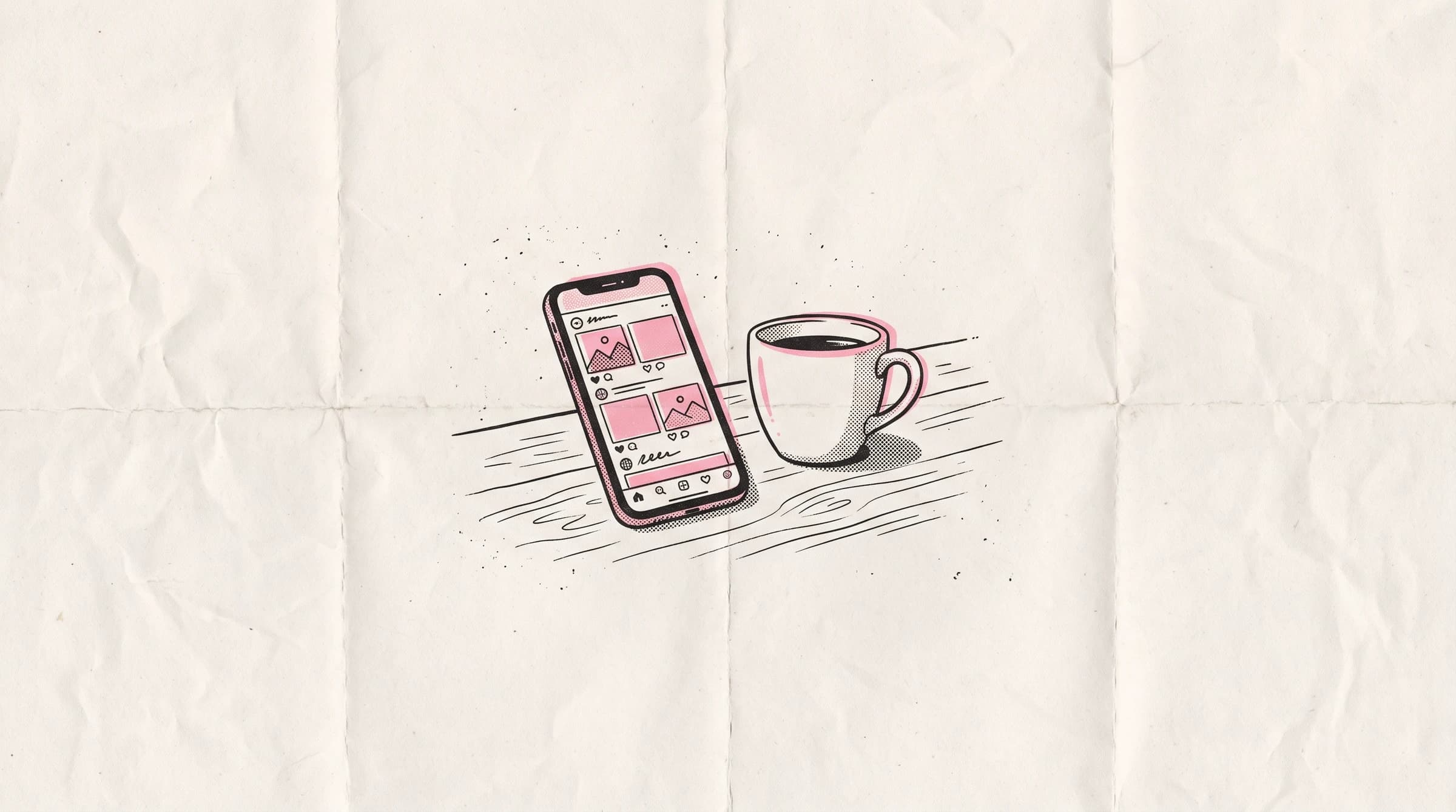 A halftone print of a smartphone showing a social media feed next to a ceramic coffee cup.