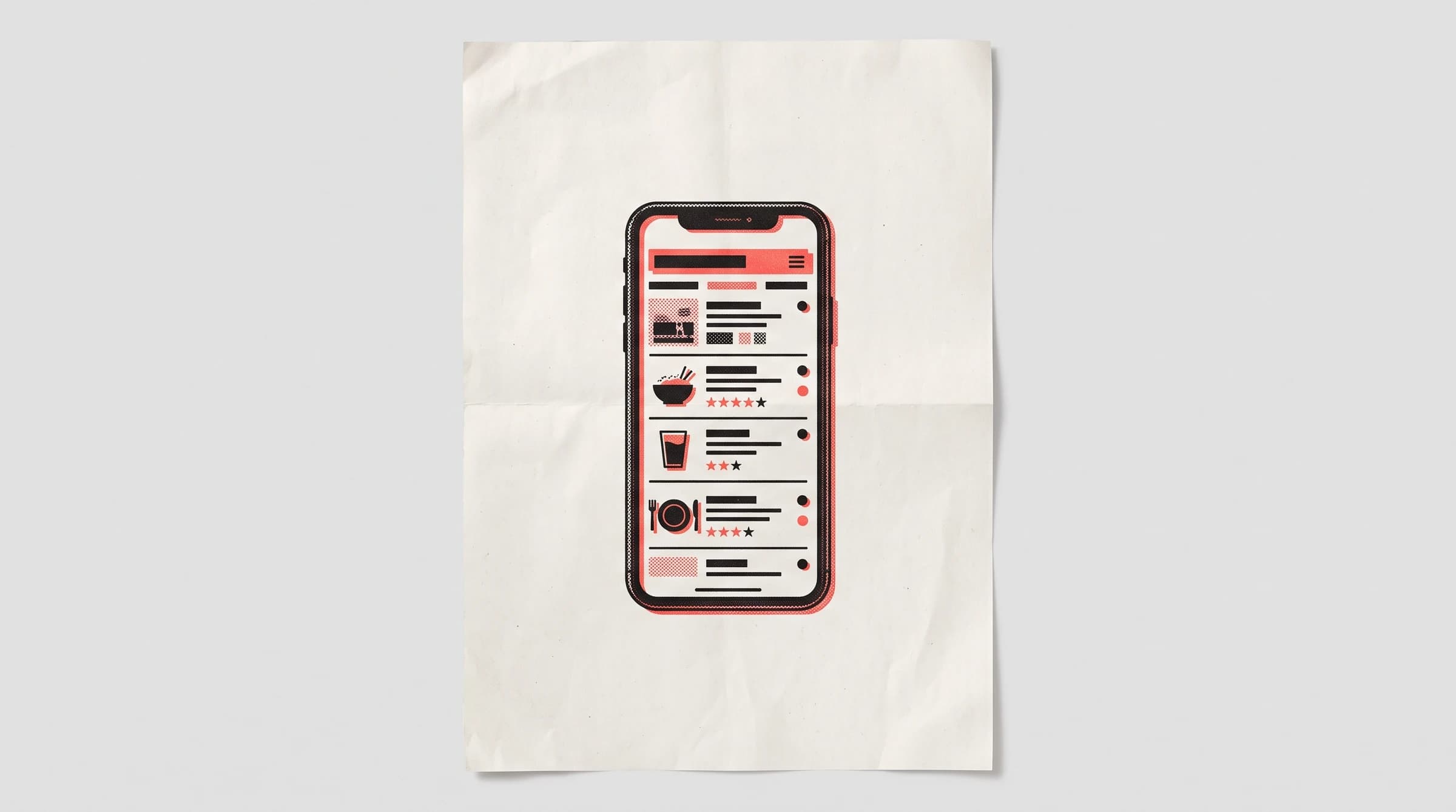Halftone risograph print of a smartphone displaying a clean digital restaurant menu with a red accent.
