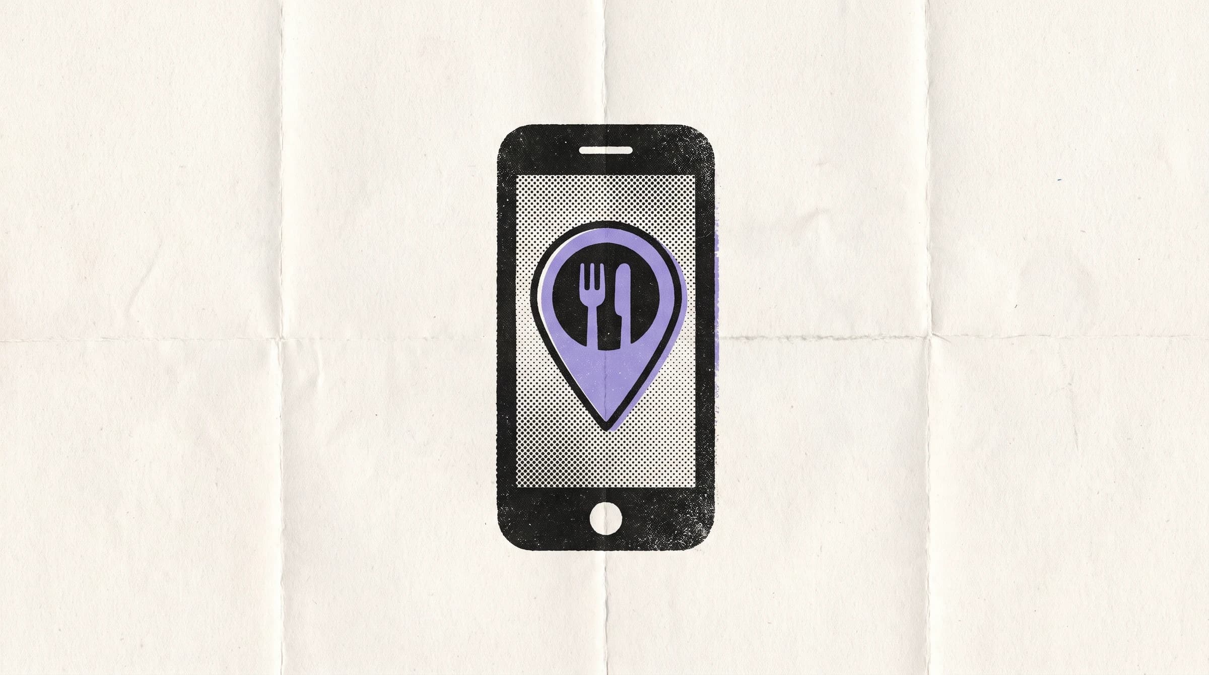 A halftone print of a smartphone screen displaying a restaurant location pin on a map