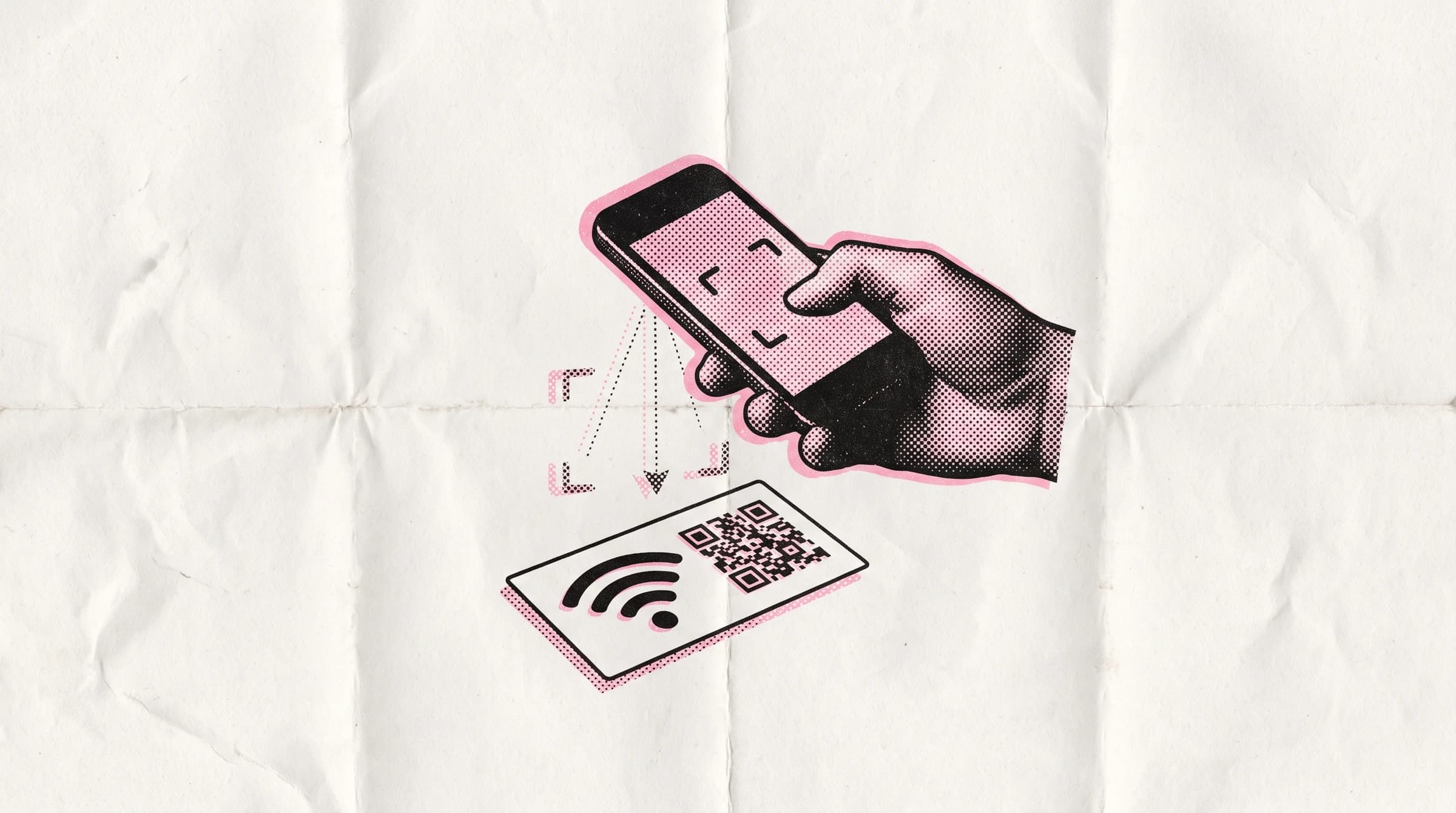 Halftone print of a phone scanning a Wi-Fi QR code card on a café table.