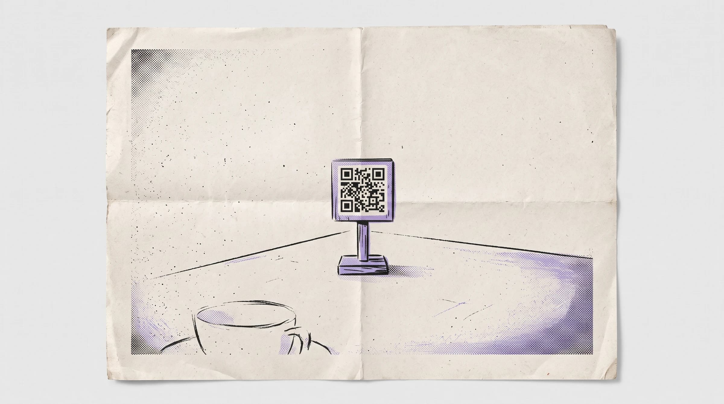 Suporte de mesa em madeira com QR code para avaliações de restaurante em estilo risografia.
