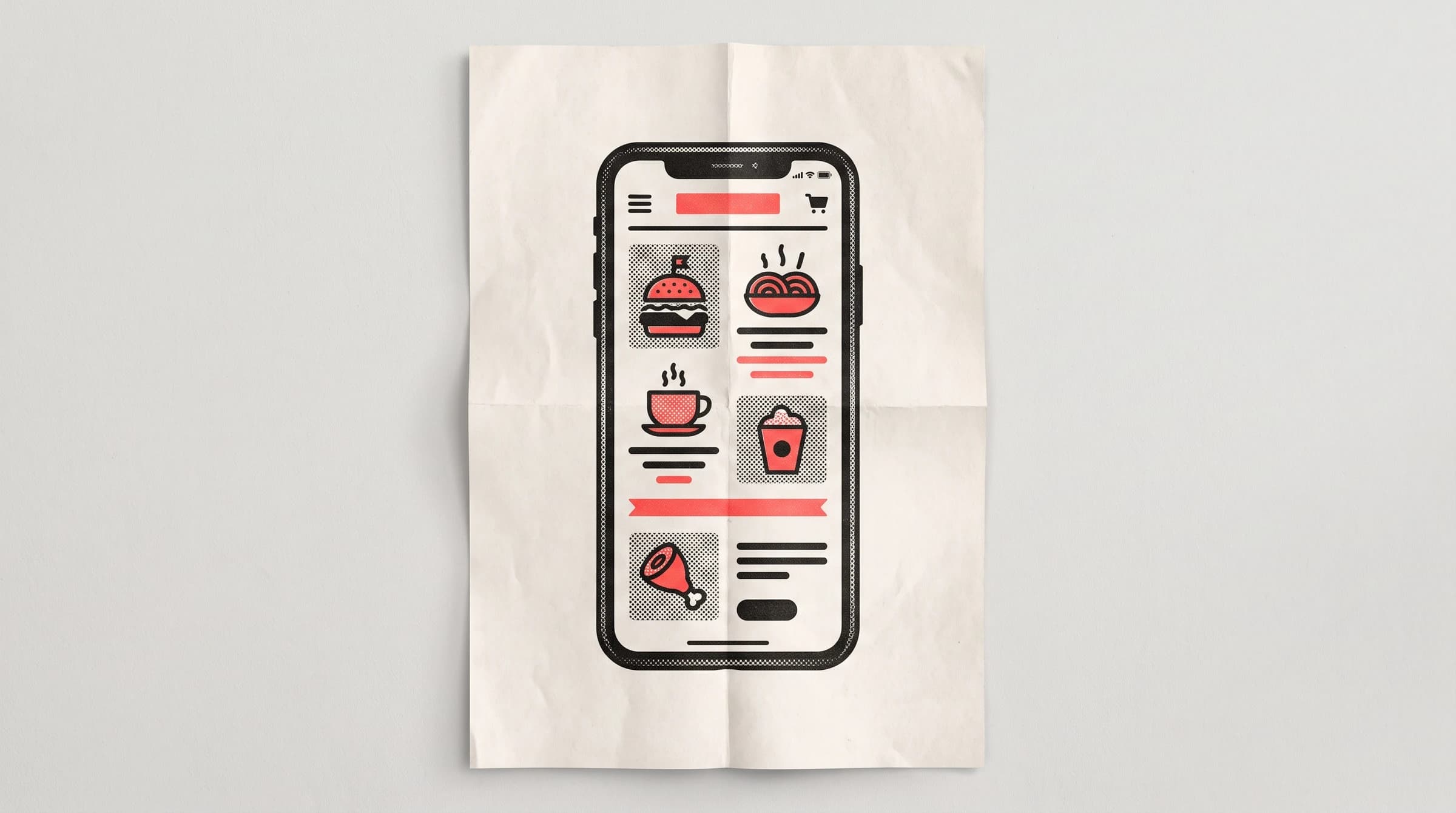 Phone screen showing a restaurant reservation form in halftone risograph style