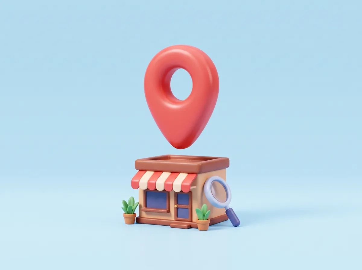 3D illustration of a small shop with a red map pin and a magnifying glass