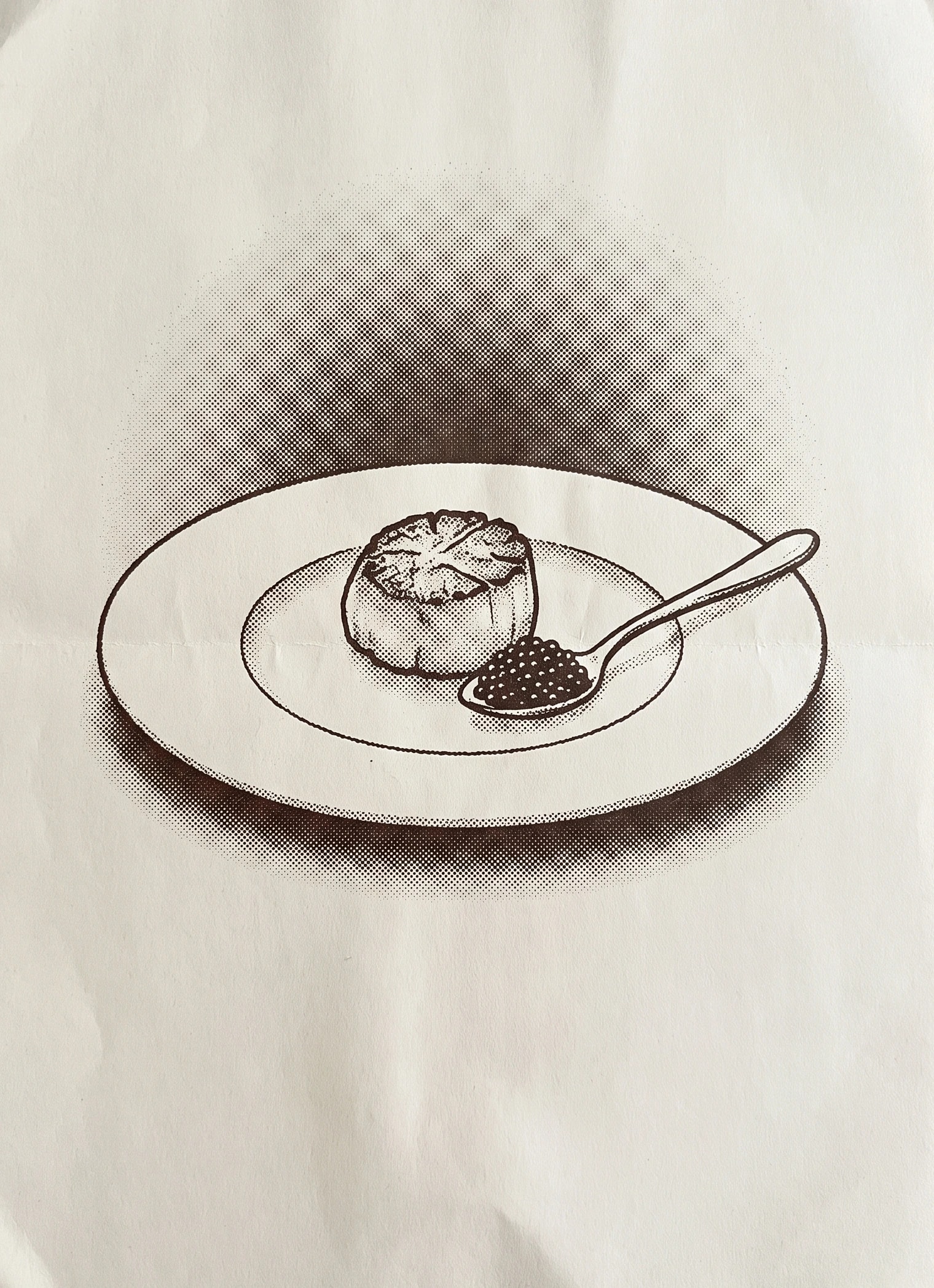 Illustration of a plated dish with a spoon on a cream poster