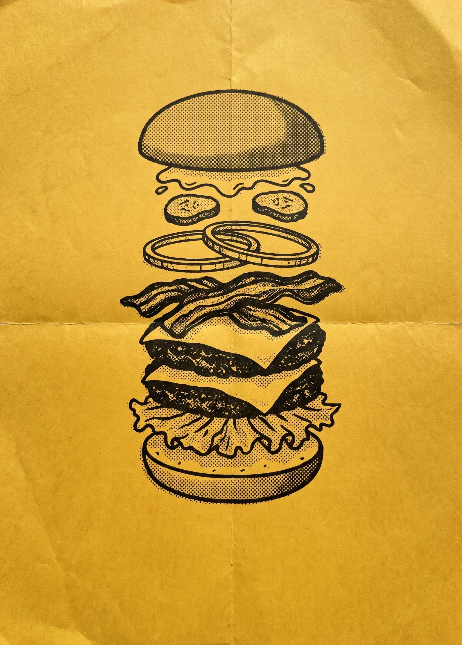 Illustration of a burger pulled apart into its layers, on a yellow poster