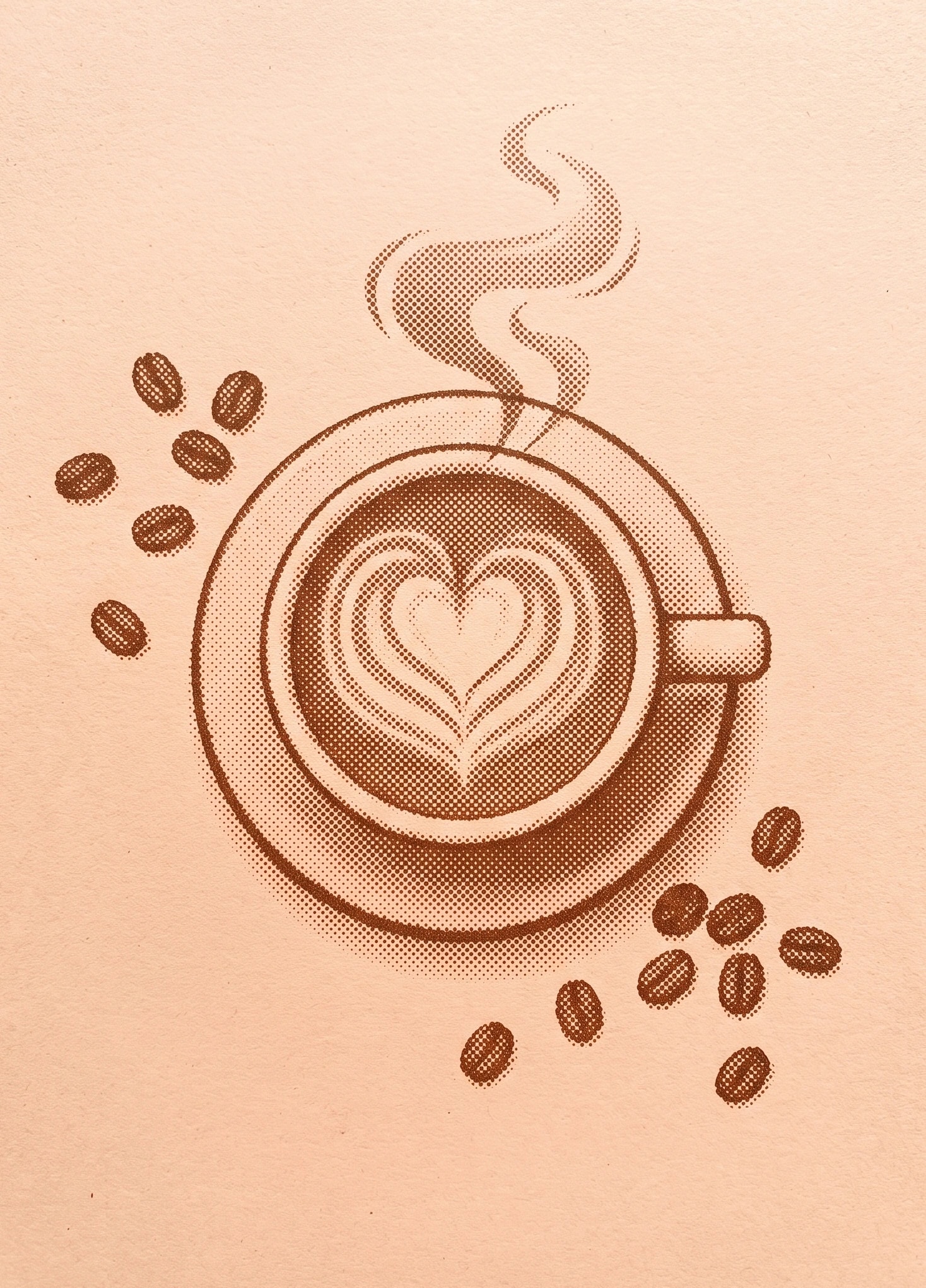 Illustration of a latte with heart-shaped foam and coffee beans, on a peach poster