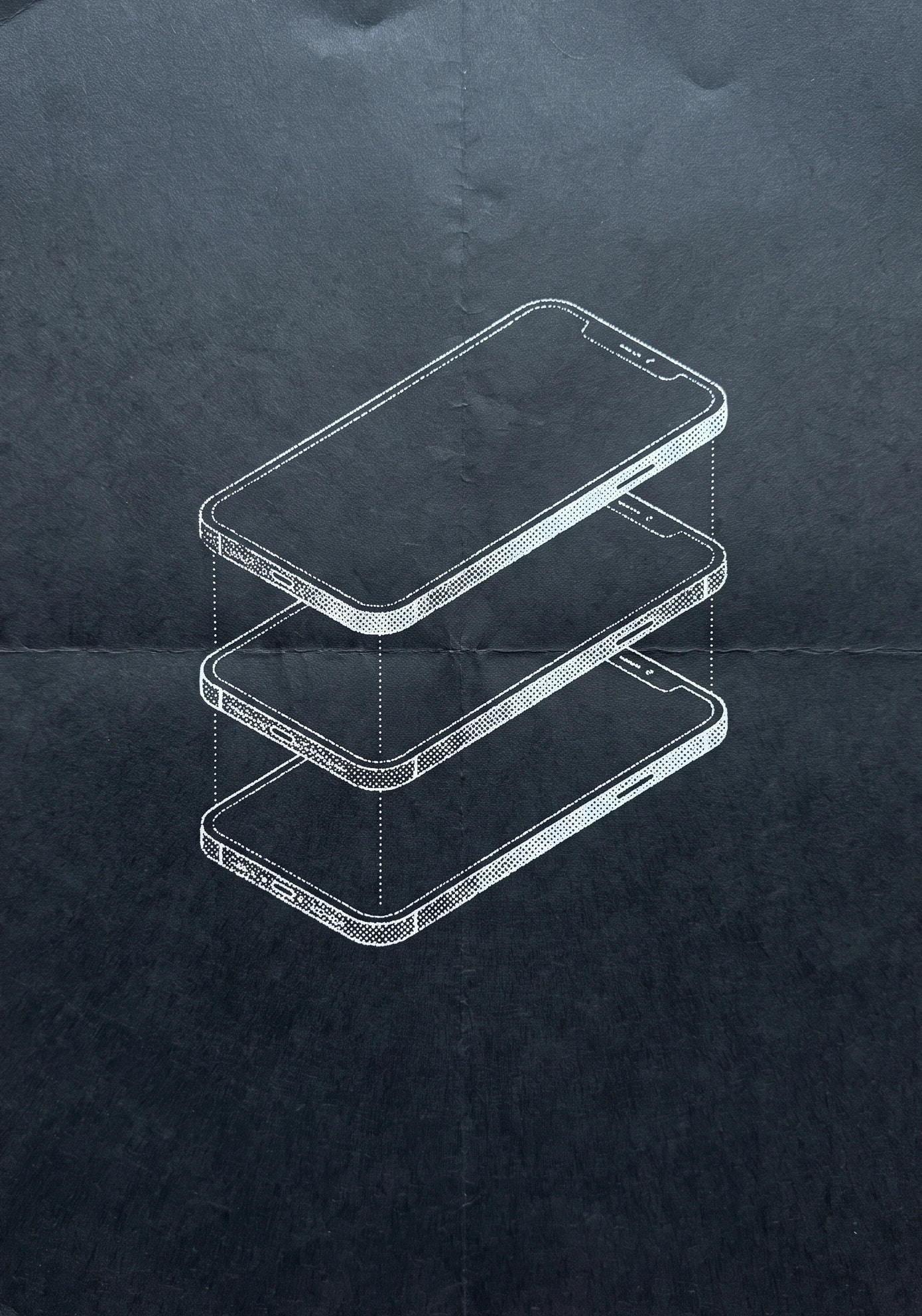 Three transparent phone screens stacked on a dark blue poster
