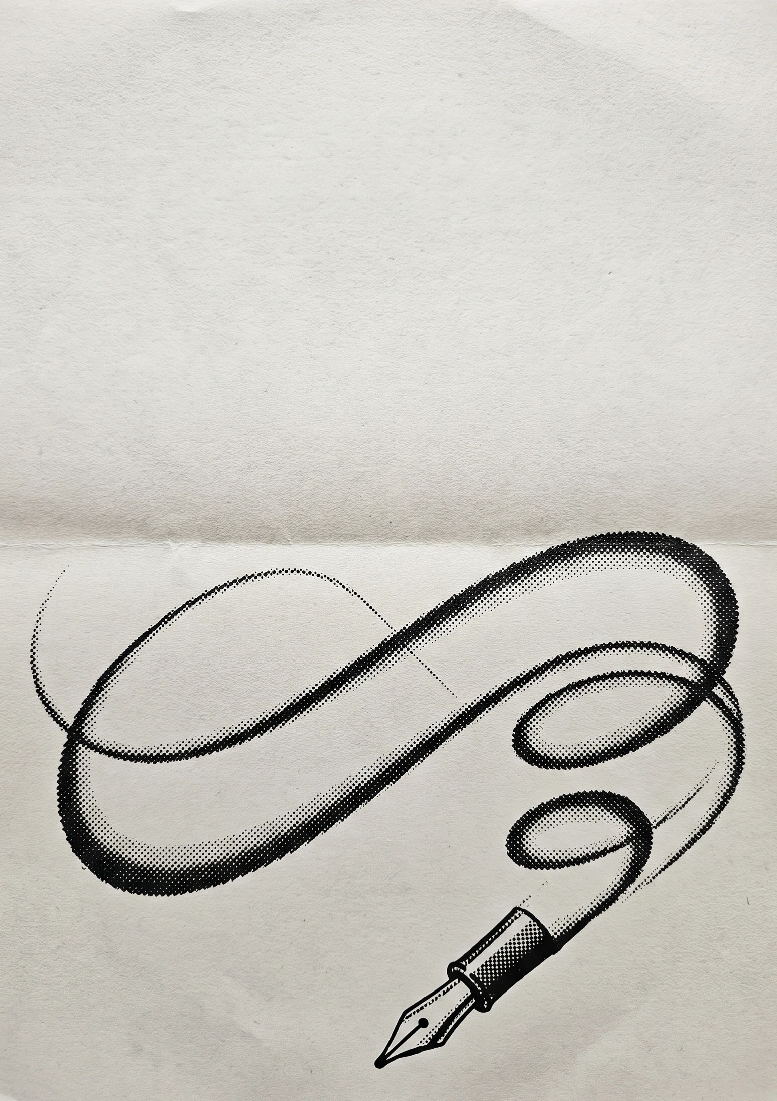 A fountain pen drawing a looping line, on a pale poster