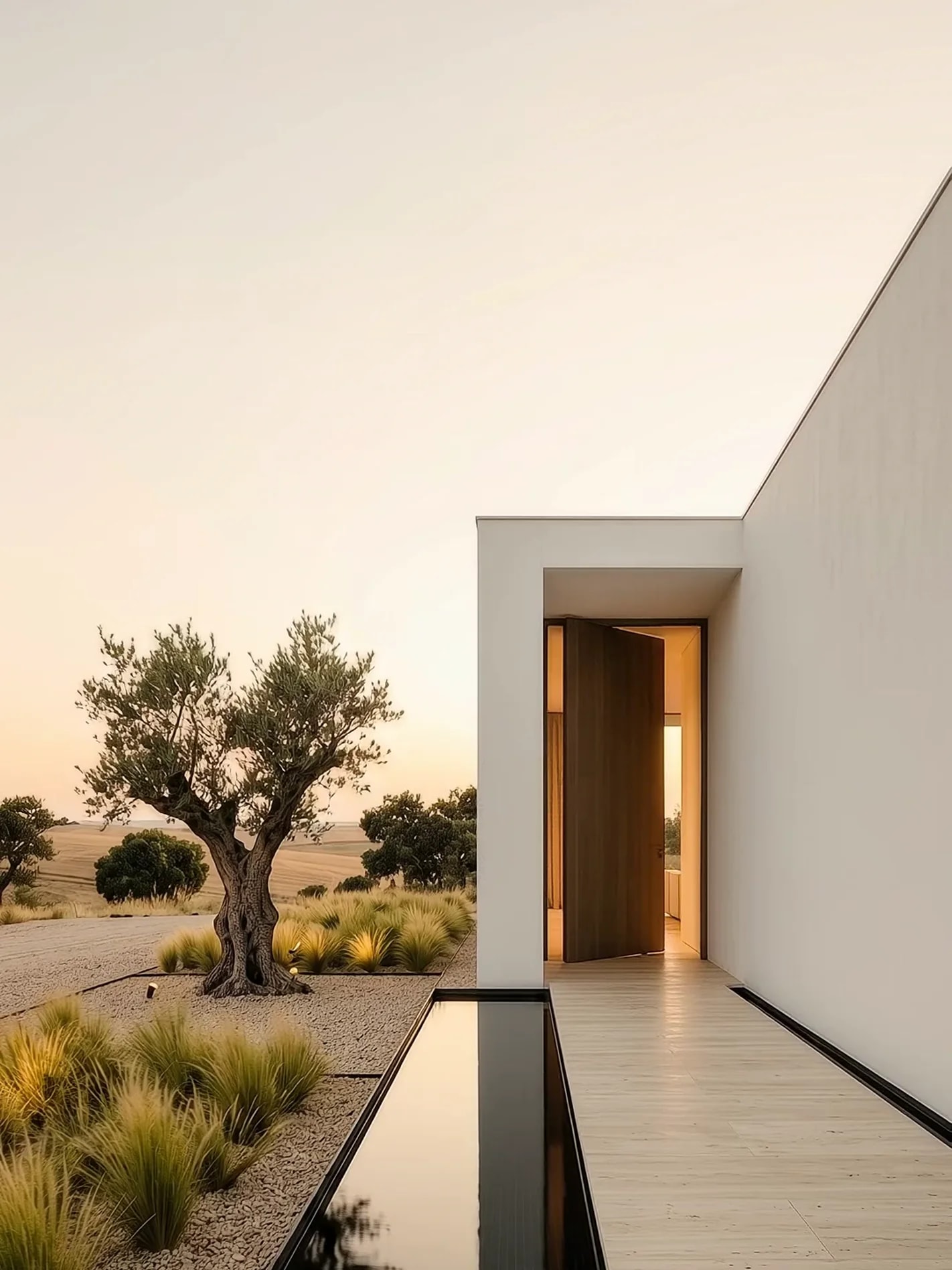 A low white modern hotel with an open doorway and an olive tree at sunset