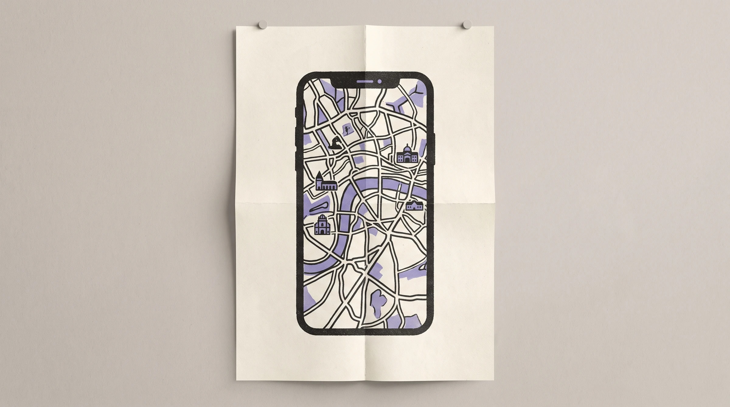 Halftone-Druck eines Smartphones mit historischem Stadtplan und lavendelfarbenem Akzent.