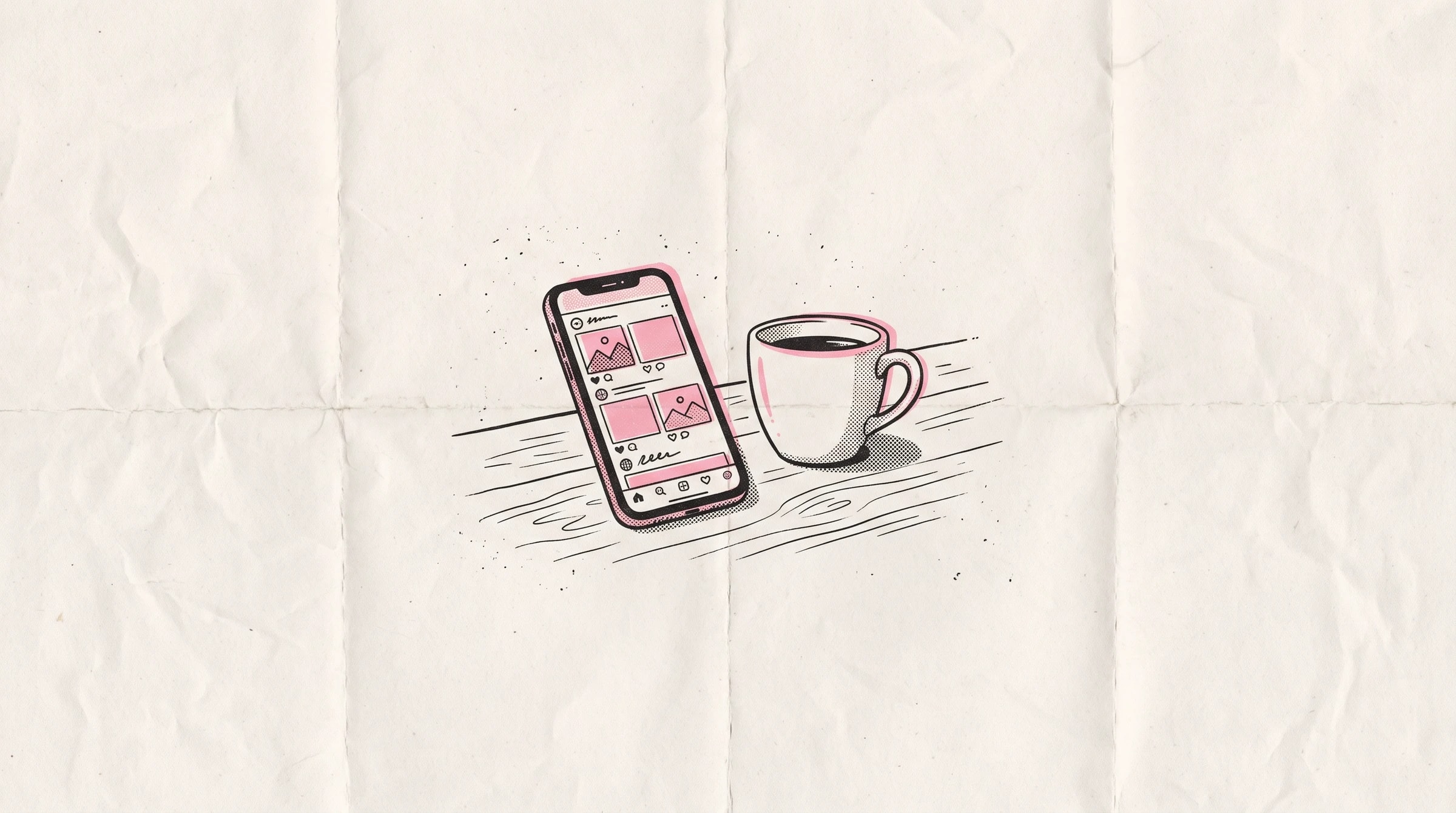A halftone print of a smartphone showing a social media feed next to a ceramic coffee cup.