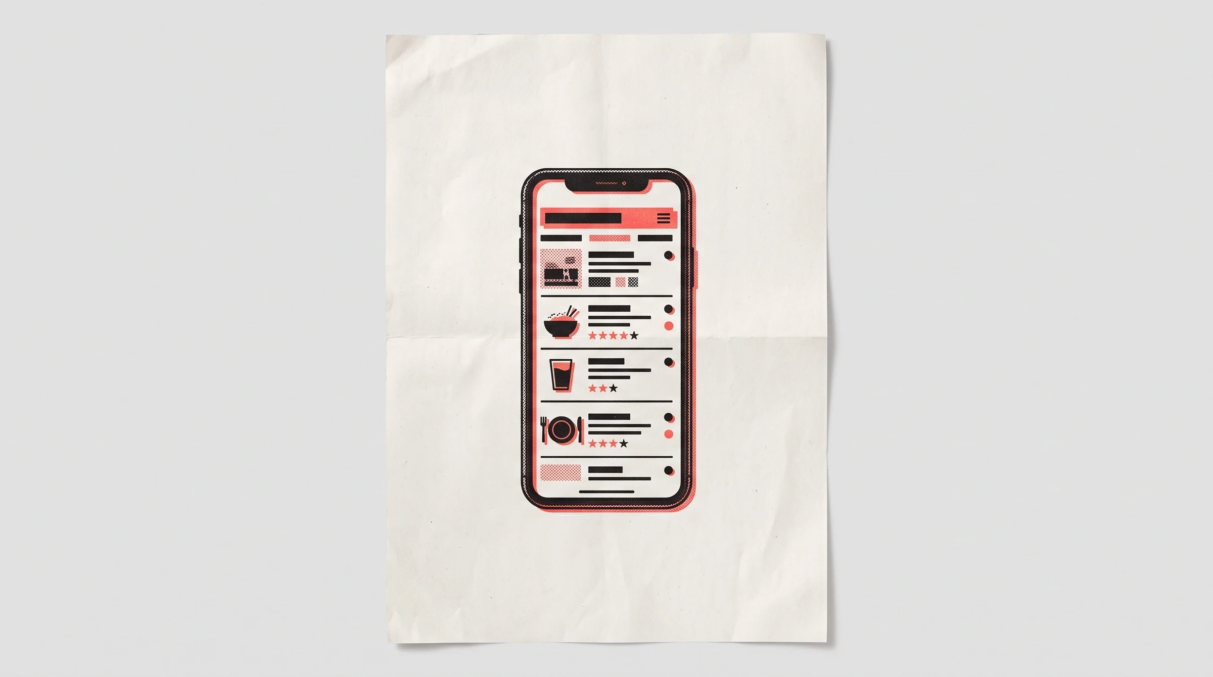 Halftone risograph print of a smartphone displaying a clean digital restaurant menu with a red accent.