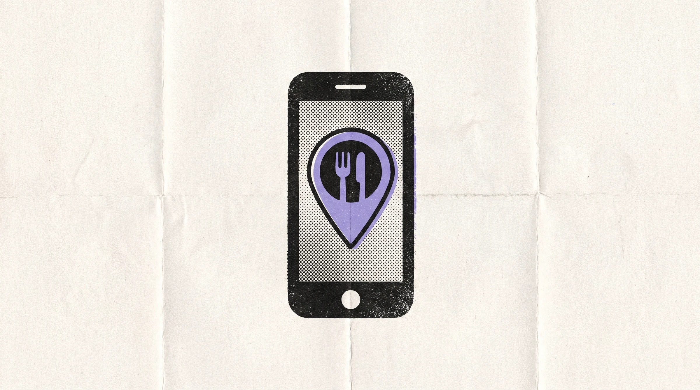 Harita üzerinde restoran konum işaretinin bulunduğu telefon ekranının halftone baskısı