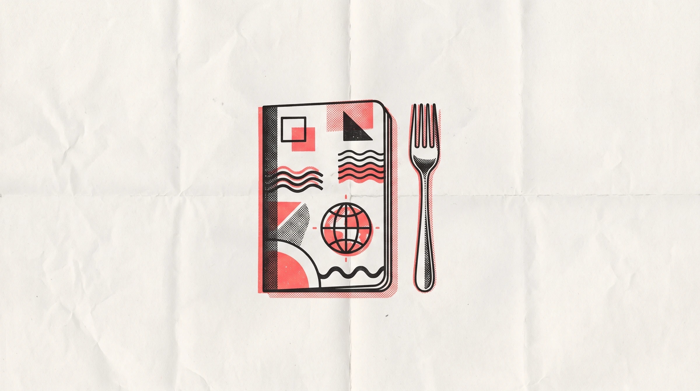 Halftone print of an open bilingual phrasebook beside a dinner fork