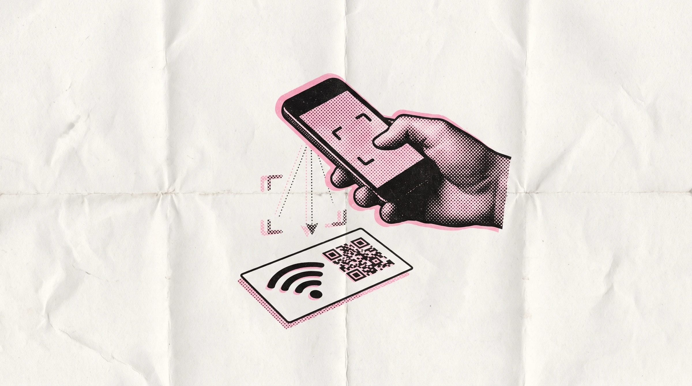 Impressão halftone de telemóvel a ler QR code de WiFi numa mesa de café.