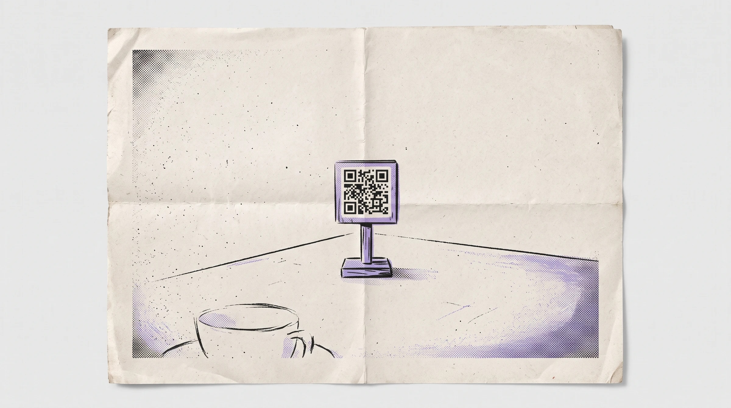 Suporte de mesa em madeira com QR code para avaliações de restaurante em estilo risografia.