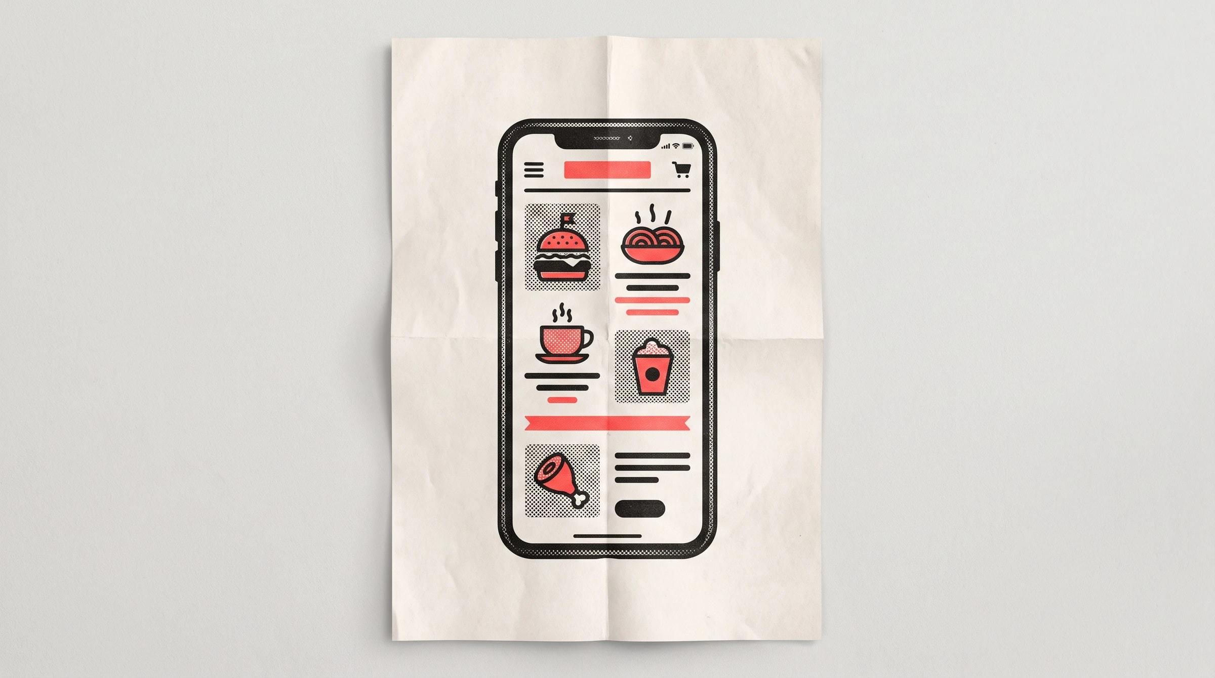 Phone screen showing a restaurant reservation form in halftone risograph style