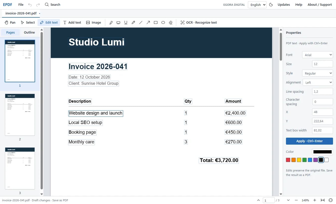 Editing a line of existing text, with font, size, colour and position controls on the right