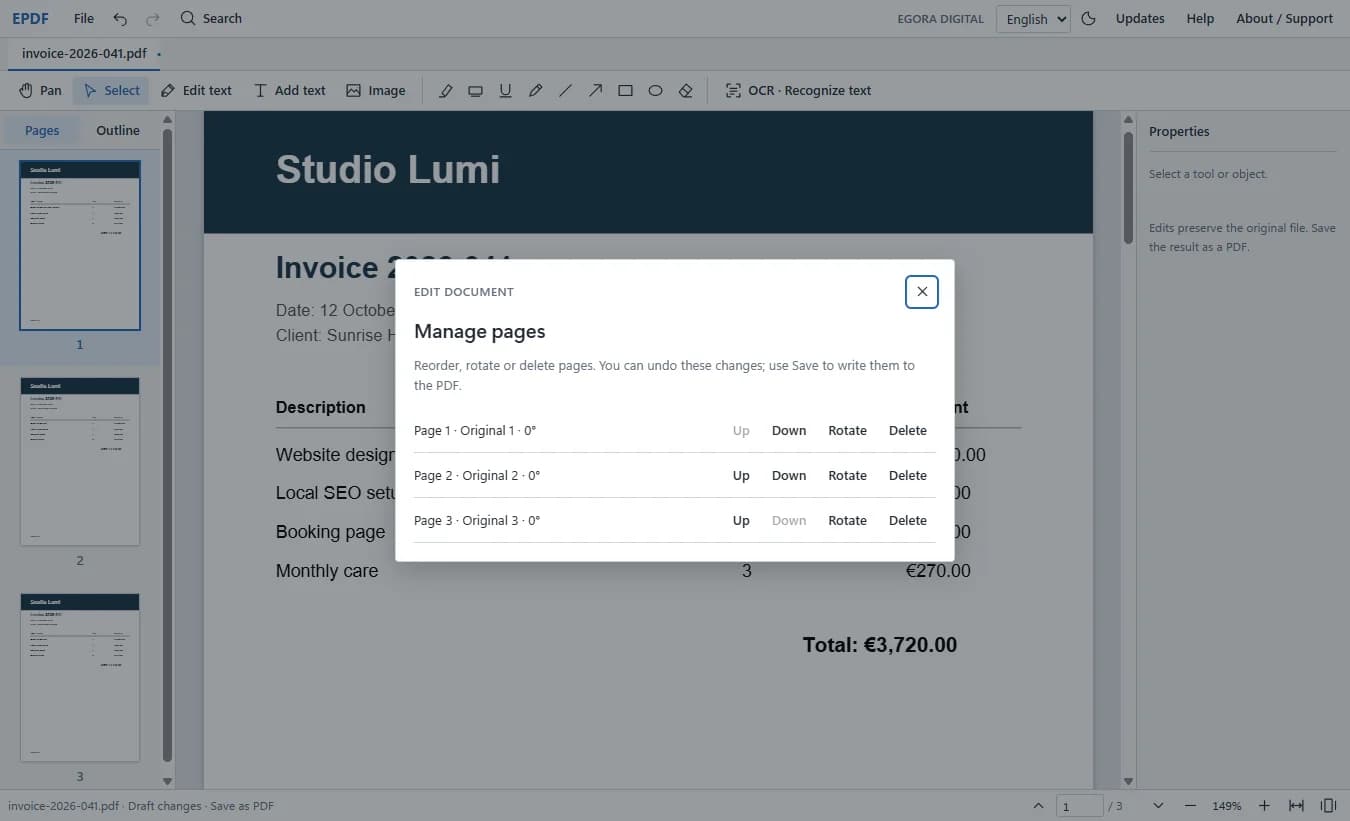 Managing pages: reorder, rotate or delete, and undo any change