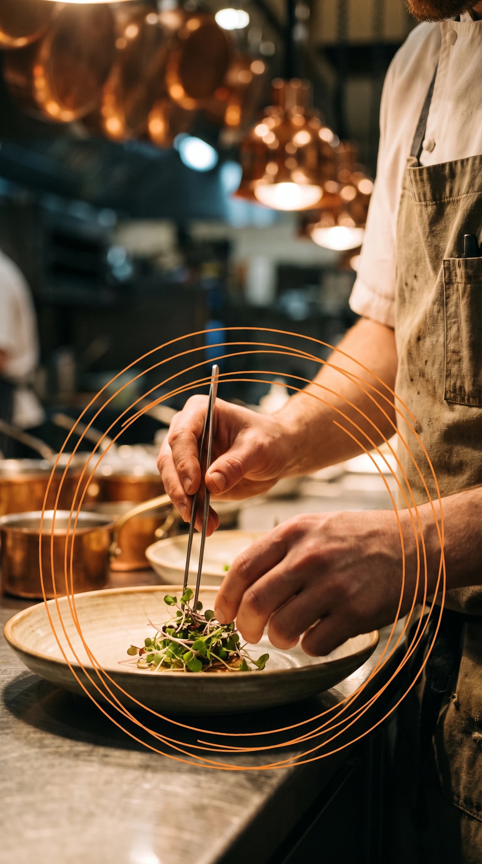 A chef's hands plating a dish in a professional kitchen